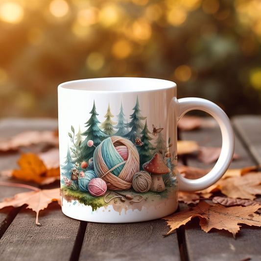 Whimsical Yarn and Woods Mug, Yarn Mug, Cottage Core, Inexpensive Christmas Gifts, Woodland Mug, Mug for Knitter Crocheter, Tea Mug 11oz
